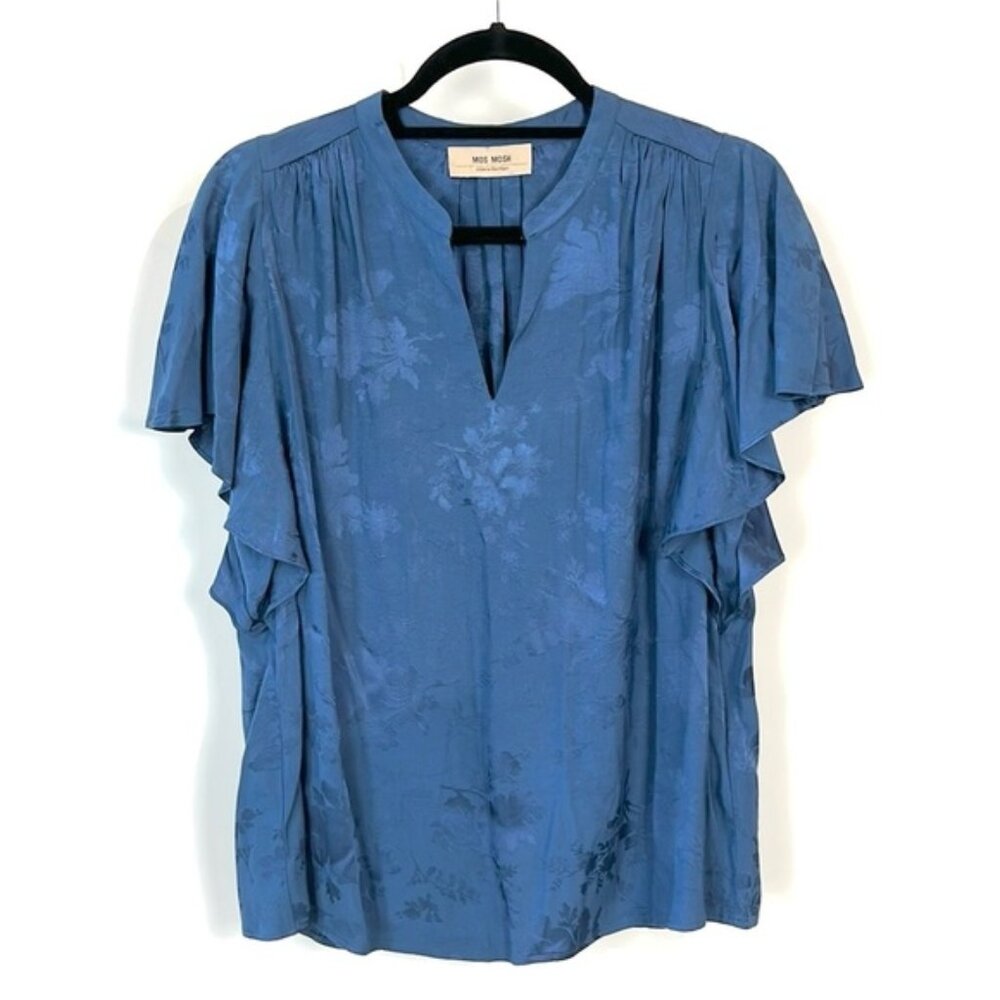 Mos Mosh Renata Dark Blue Flower Flutter-Sleeve Blouse